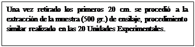 Cuadro de texto: Una vez retirado los primeros 20 cm. se procedió a la extracción de la muestra (500 gr.) de ensilaje, procedimiento similar realizado en las 20 Unidades Experimentales.